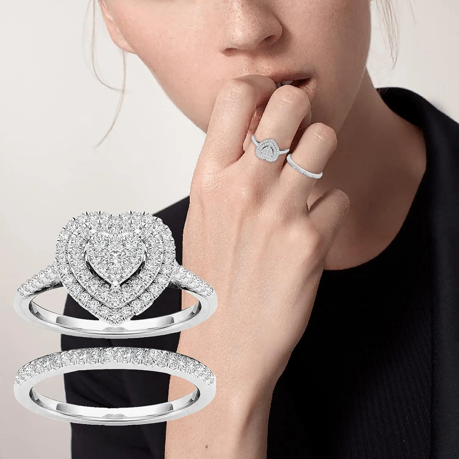 Heart Cut Cubic Zirconia Wedding Ring for Women Bridal Sets Engagement Rings Sets Silver Vintage Anniversary Ring