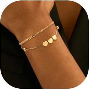 Heart Gold Bracelet for Women Trendy Dainty Layered Thin Bracelet 14K Gold Plated Heart Bead Charm Bracelets Set Adjustable Chain Cuban Link Cute Heart Gold Jewelry Gifts for Wife Girlfriend