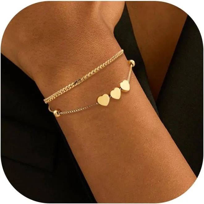Heart Gold Bracelet for Women Trendy Dainty Layered Thin Bracelet 14K Gold Plated Heart Bead Charm Bracelets Set Adjustable Chain Cuban Link Cute Heart Gold Jewelry Gifts for Wife Girlfriend
