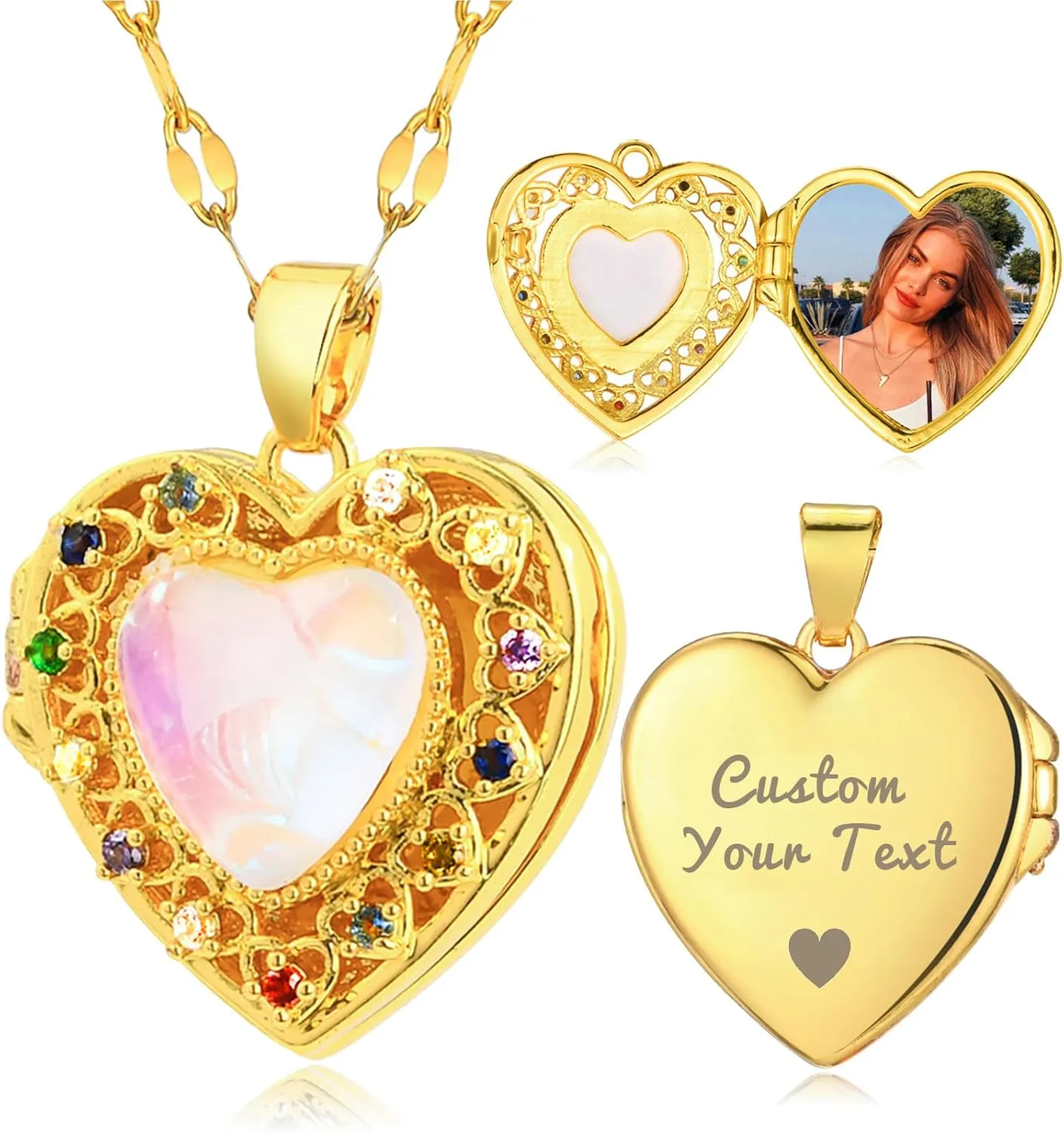 Heart Locket Necklace for Women-14k Gold Plated Personalized Necklace with Picture Inside, Sunflower/Cubic Zirconia Custom Photo Heart Pendant Necklaces Jewelry Gifts for Girlfriend Wife Mom