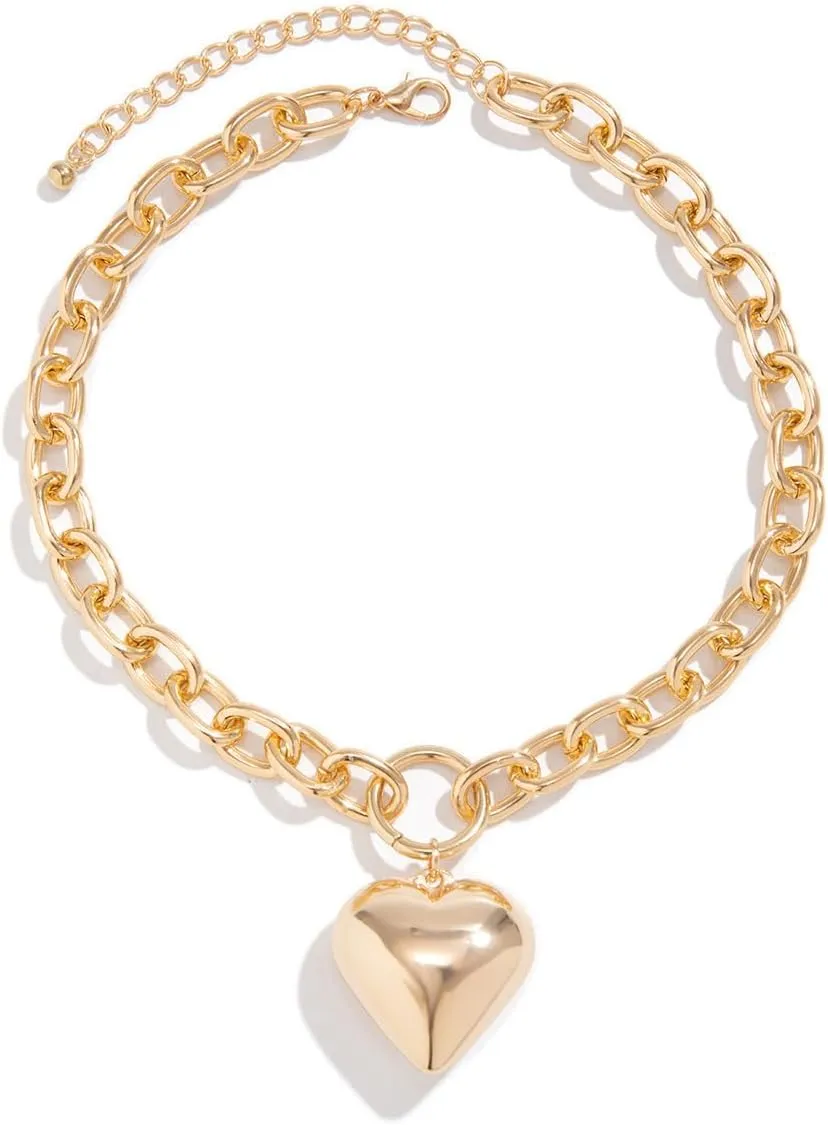 Heart Necklace for women Chunky Gold Heart Pendant Necklaces Hip Hop Heart Choker Necklace Fashion Puffy Heart Necklace Simple Gold Charm Necklace Jewelry
