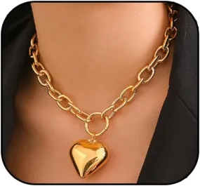 Heart Necklace for women Chunky Gold Heart Pendant Necklaces Hip Hop Heart Choker Necklace Fashion Puffy Heart Necklace Simple Gold Charm Necklace Jewelry