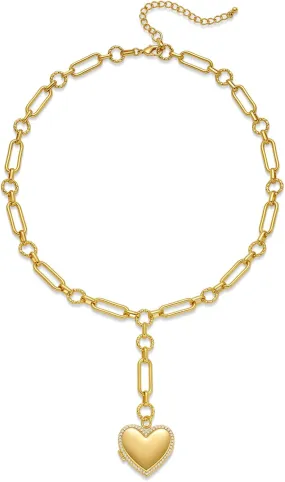 Heart Necklaces for Women Chunky Statement Gold and Silver Necklace with Puffy Heart Pendant Charm Fashion Boho Long Link Chain Necklace