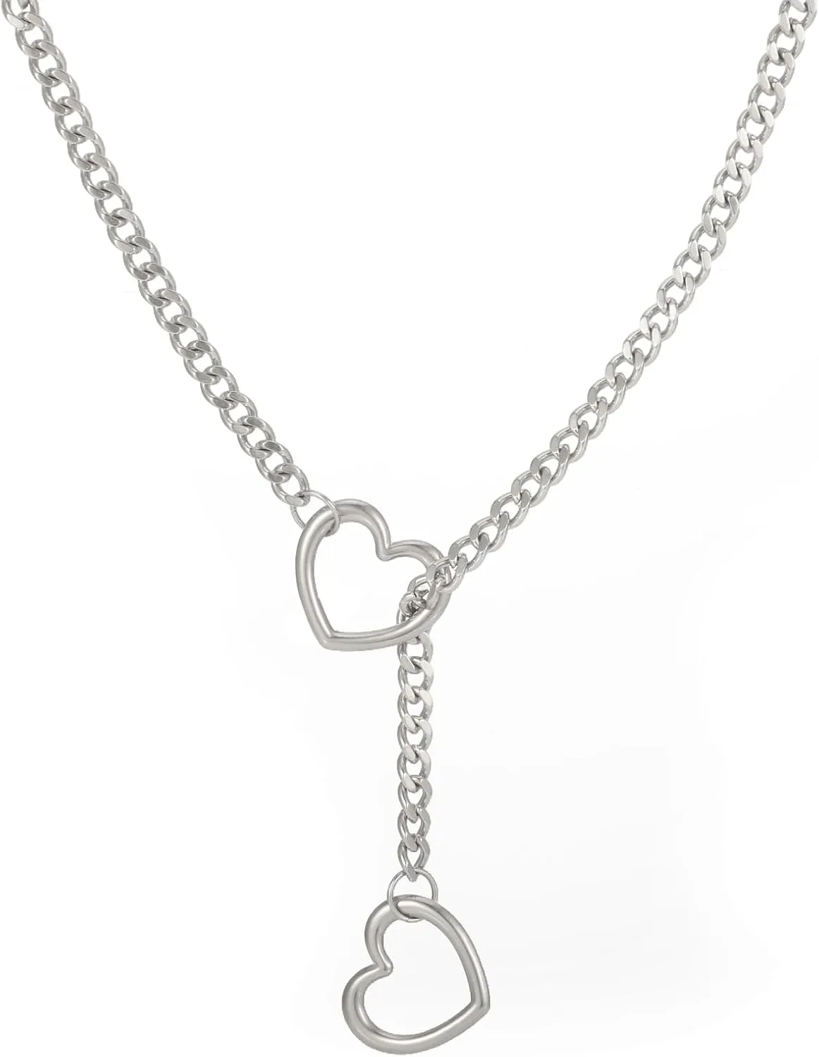 Heart O-ring Slip Chain Necklace for Women, Adjustable Punk Rock Stainless Steel Slip Chain Choker for Women Vintage Handmade Gothic Choker Collar Lariat Y-Necklace Long Cuban Link Jewelry