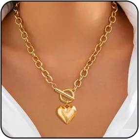 Heart Pendant Necklace for Women,Gold Chunky Necklace for Women, Statement Love Heart Charm Choker Jewelry