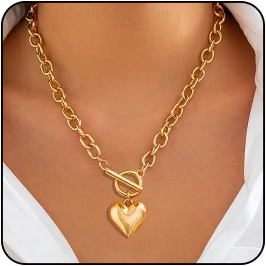 Heart Pendant Necklace for Women,Gold Chunky Necklace for Women, Statement Love Heart Charm Choker Jewelry