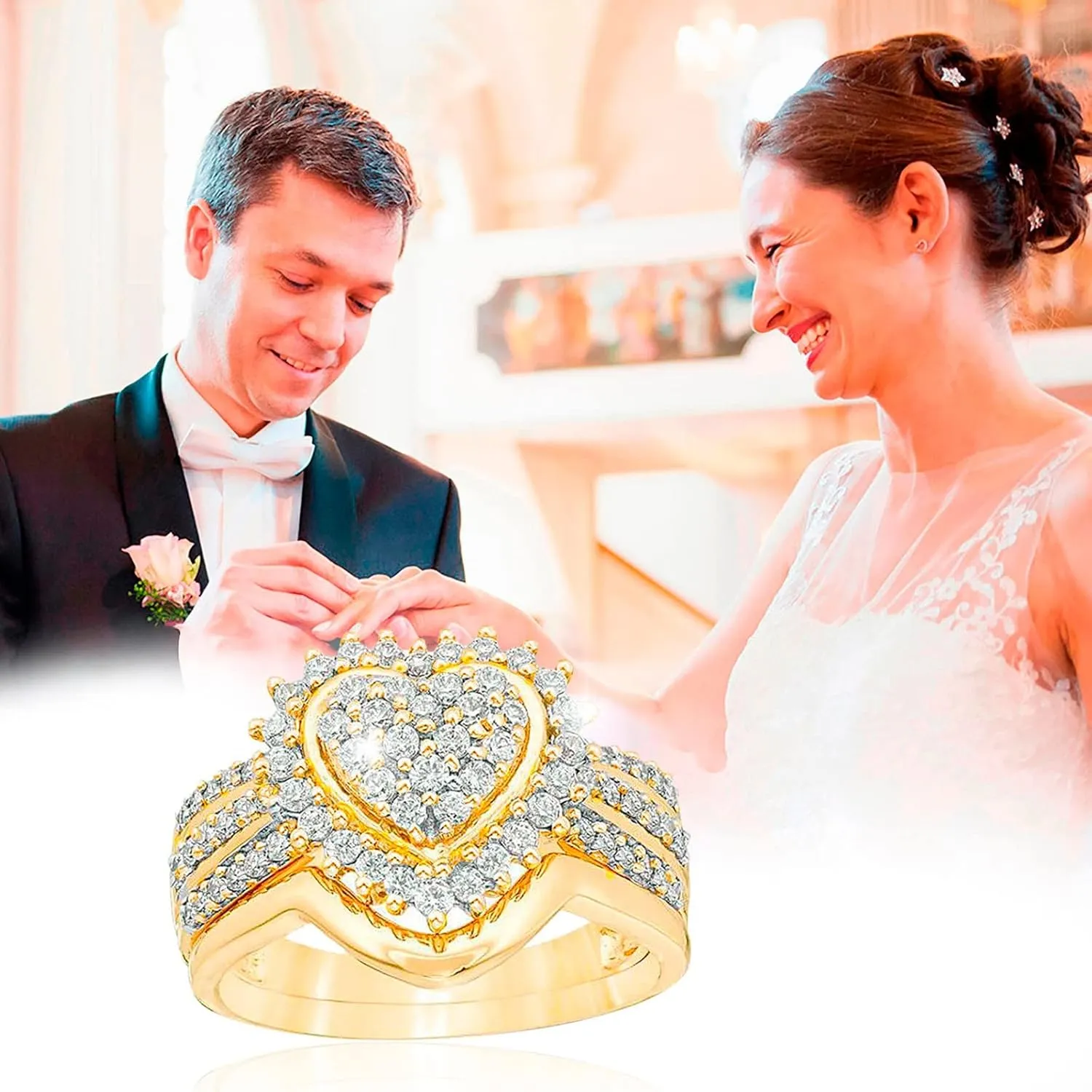 Heart Shaped Wedding Ring Set Jewelry Diamond Engagement Ring Solitaire Cubic Zirconia Gold Ring Set For Women