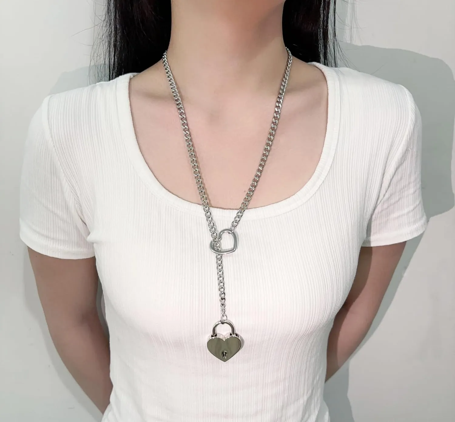 Heart Slip Chain Necklace for Women O-Ring Punk Cuban Necklace Chunky Heart Pendant Necklace Y-Lariat Necklace Long Necklace Heart Lock With Key Necklace Fashion Jewelry Gifts