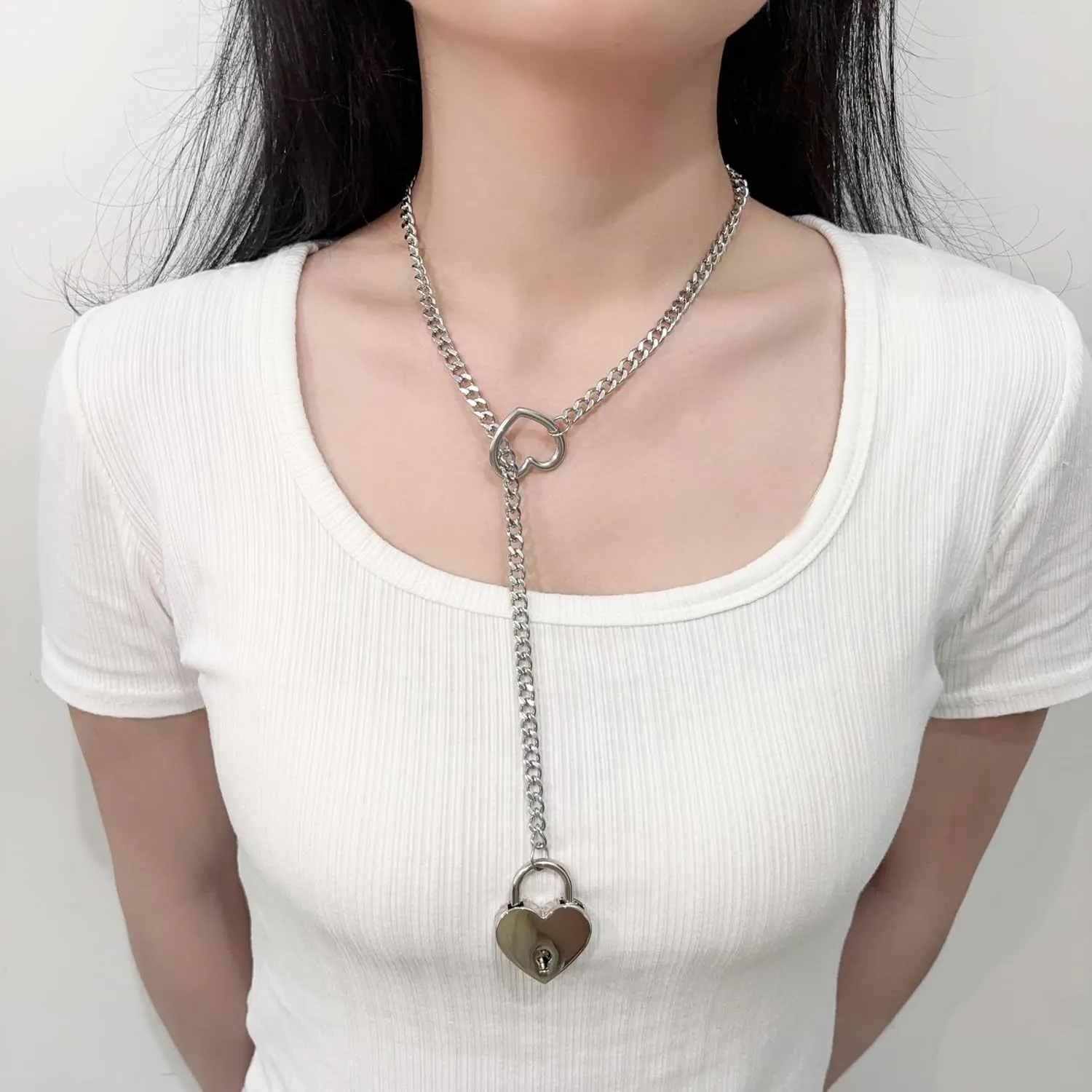 Heart Slip Chain Necklace for Women O-Ring Punk Cuban Necklace Chunky Heart Pendant Necklace Y-Lariat Necklace Long Necklace Heart Lock With Key Necklace Fashion Jewelry Gifts
