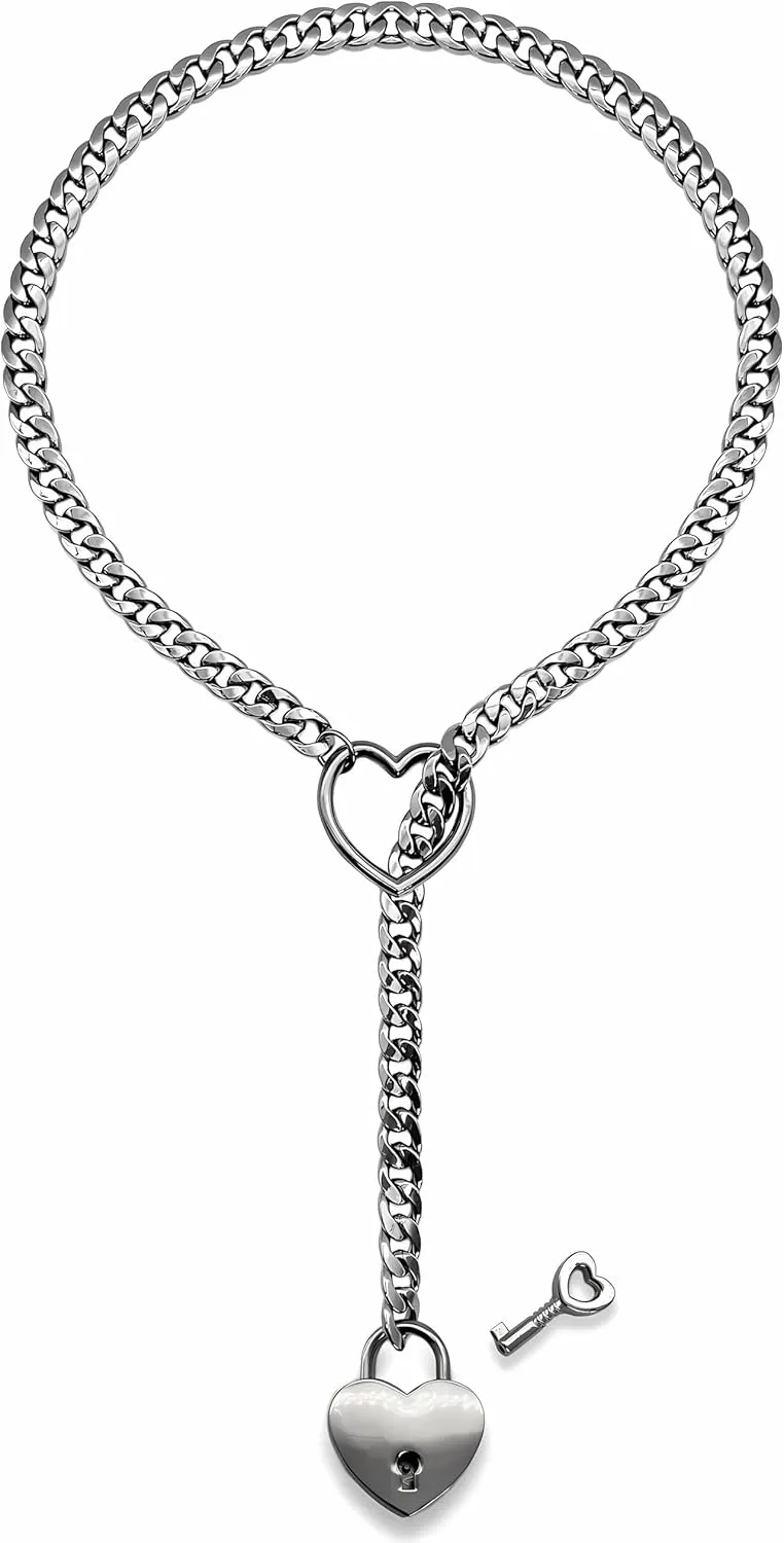 Heart Slip Chain Necklace for Women O-Ring Punk Cuban Necklace Chunky Heart Pendant Necklace Y-Lariat Necklace Long Necklace Heart Lock With Key Necklace Fashion Jewelry Gifts