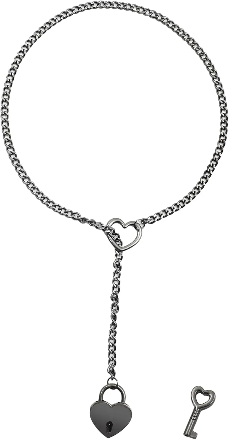 Heart Slip Chain Necklace for Women O-Ring Punk Rock Long Chain Necklace Heart Locker with Key Choker Necklace Adjustable Gothic Cuban Lariat Y-Necklace Heart Necklace Jewelry for Women