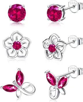 Helicopchain 3Pairs 925 Sterling Silver Birthstone Earrings 12 Months for Women Hypoallergenic Butterfly Flower Stud Earrings for Birthday Jewelry Gift