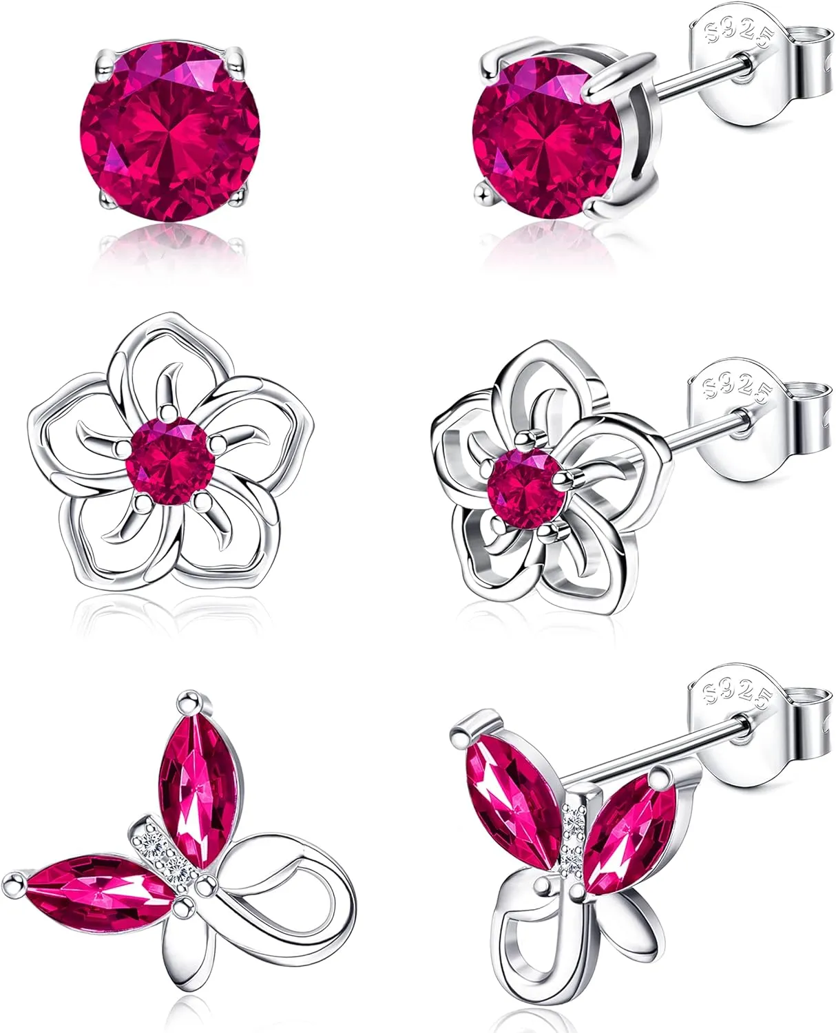 Helicopchain 3Pairs 925 Sterling Silver Birthstone Earrings 12 Months for Women Hypoallergenic Butterfly Flower Stud Earrings for Birthday Jewelry Gift