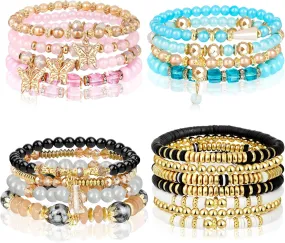 Hicdaw 4 Sets Bohemian Beaded Bracelets for Women Colorful Stretch Stackable Bracelets Layered Boho Bracelet with Dainty Jewelry