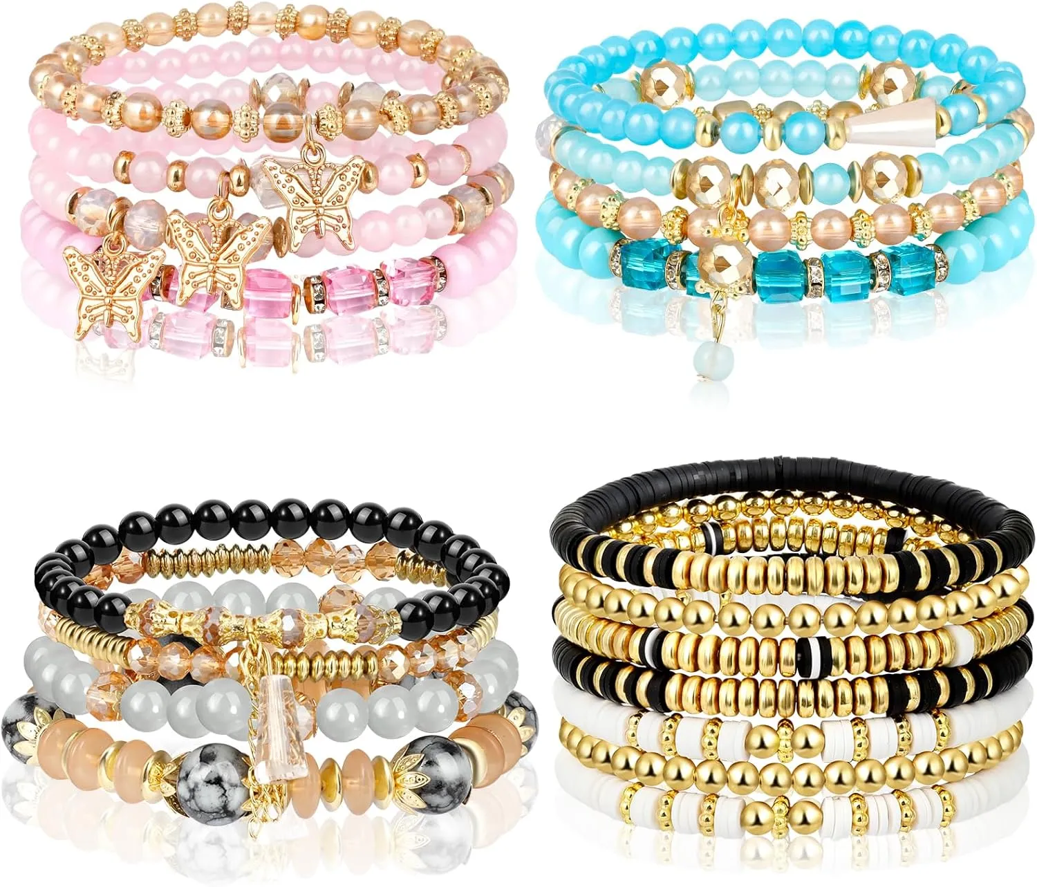 Hicdaw 4 Sets Bohemian Beaded Bracelets for Women Colorful Stretch Stackable Bracelets Layered Boho Bracelet with Dainty Jewelry