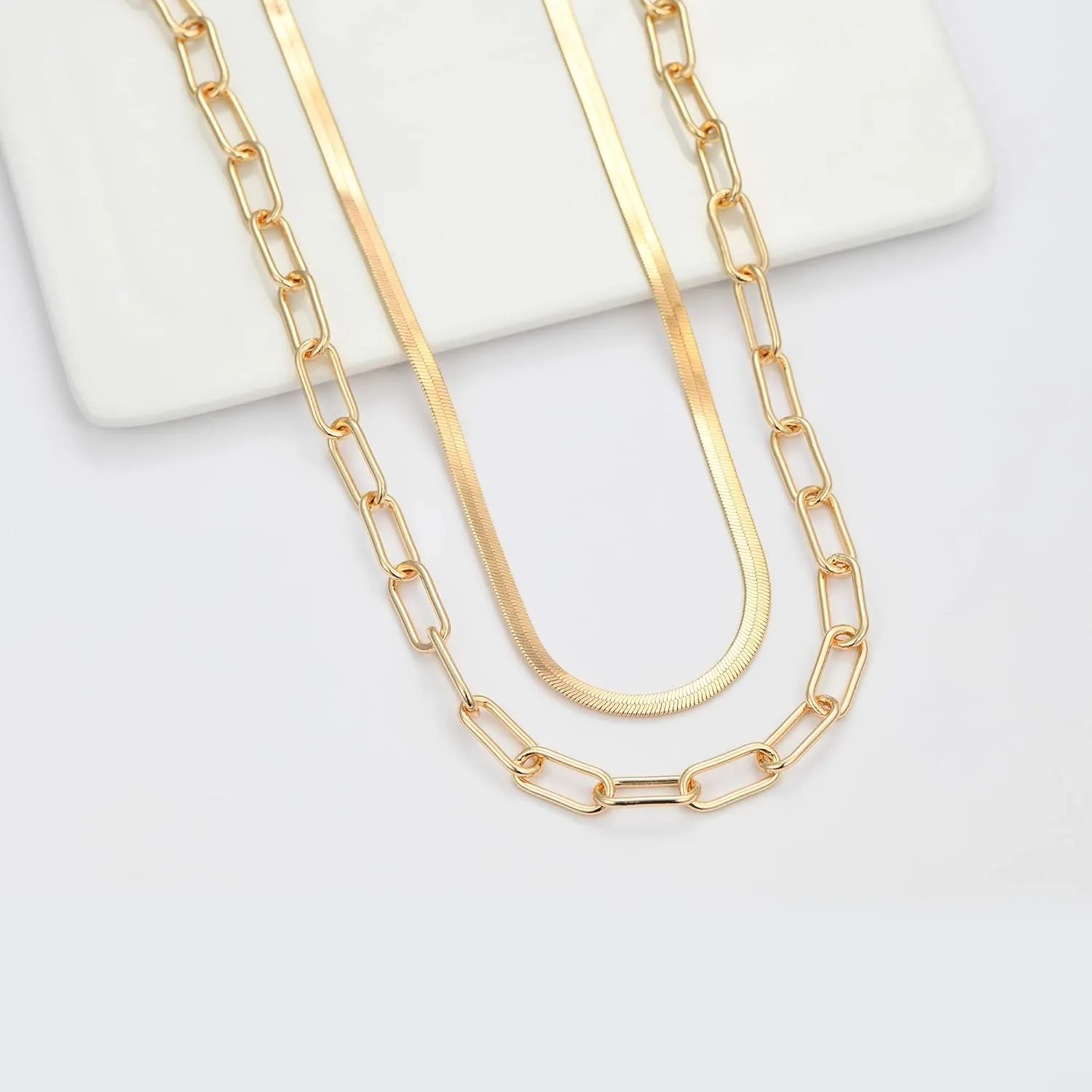 Hidepoo Gold Layered Necklaces for Women, 14K Gold Plated Dainty Coin Pendant Choker Necklace Herringbone Snake Necklace Paperclip Chain Layered Necklaces for Women Jewelry Gifts
