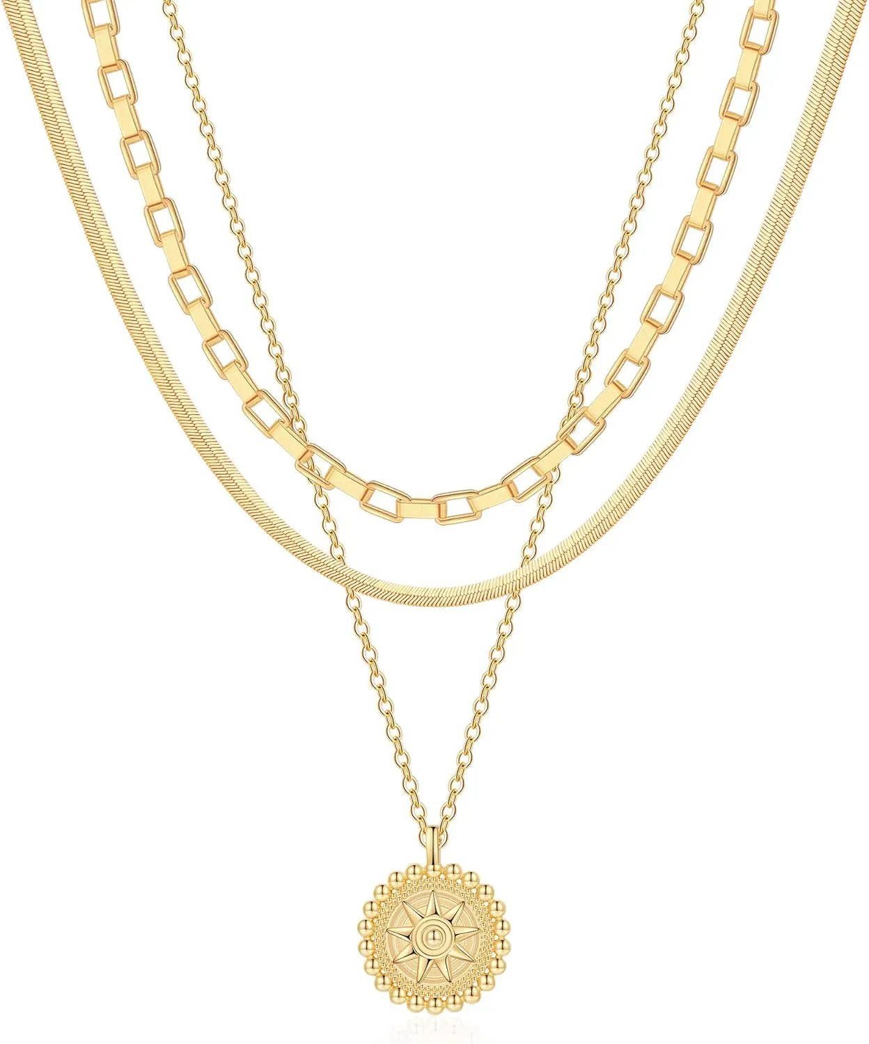 Hidepoo Gold Layered Necklaces for Women, 14K Gold Plated Dainty Coin Pendant Choker Necklace Herringbone Snake Necklace Paperclip Chain Layered Necklaces for Women Jewelry Gifts