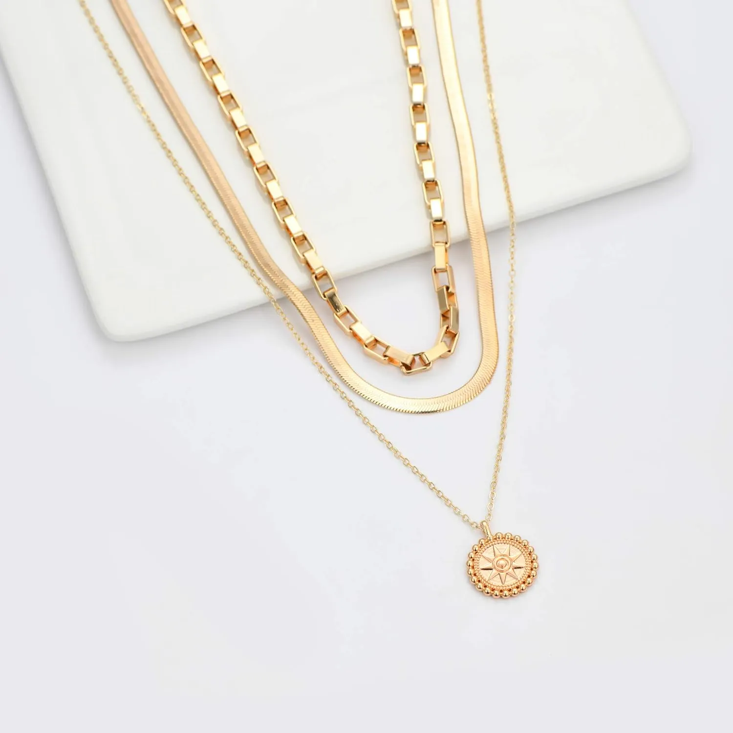 Hidepoo Gold Layered Necklaces for Women, 14K Gold Plated Dainty Coin Pendant Choker Necklace Herringbone Snake Necklace Paperclip Chain Layered Necklaces for Women Jewelry Gifts