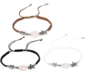 Homoyoyo 3pcs Hand Woven Shell Bracelet for Women Wrist Chain Jewelry Black Beige and Coffee Creative Beach Inspired Decor