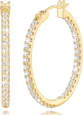 Hoop Earrings 14K Gold Hoop Earring for Women 14K Gold Earrings for Women Dual-designed Cubic Zirconia Hoops Womens Earring Hinged Clasps/Latch Back 30mm