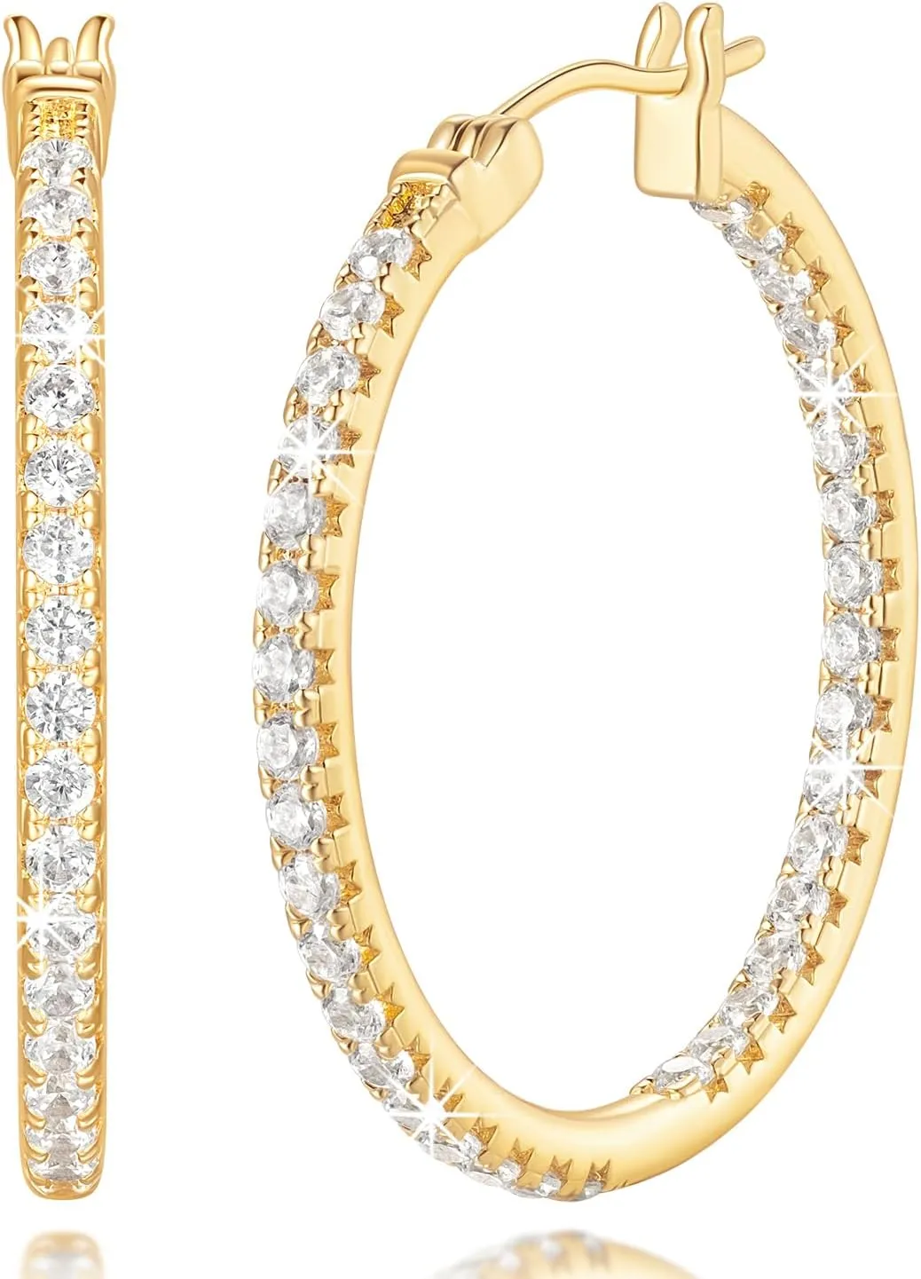 Hoop Earrings 14K Gold Hoop Earring for Women 14K Gold Earrings for Women Dual-designed Cubic Zirconia Hoops Womens Earring Hinged Clasps/Latch Back 30mm