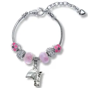 Horse Charm Bracelet, Girls Pink Beaded Horse Head Bracelet, Horse Lovers Jewelry, Equestrian Gift