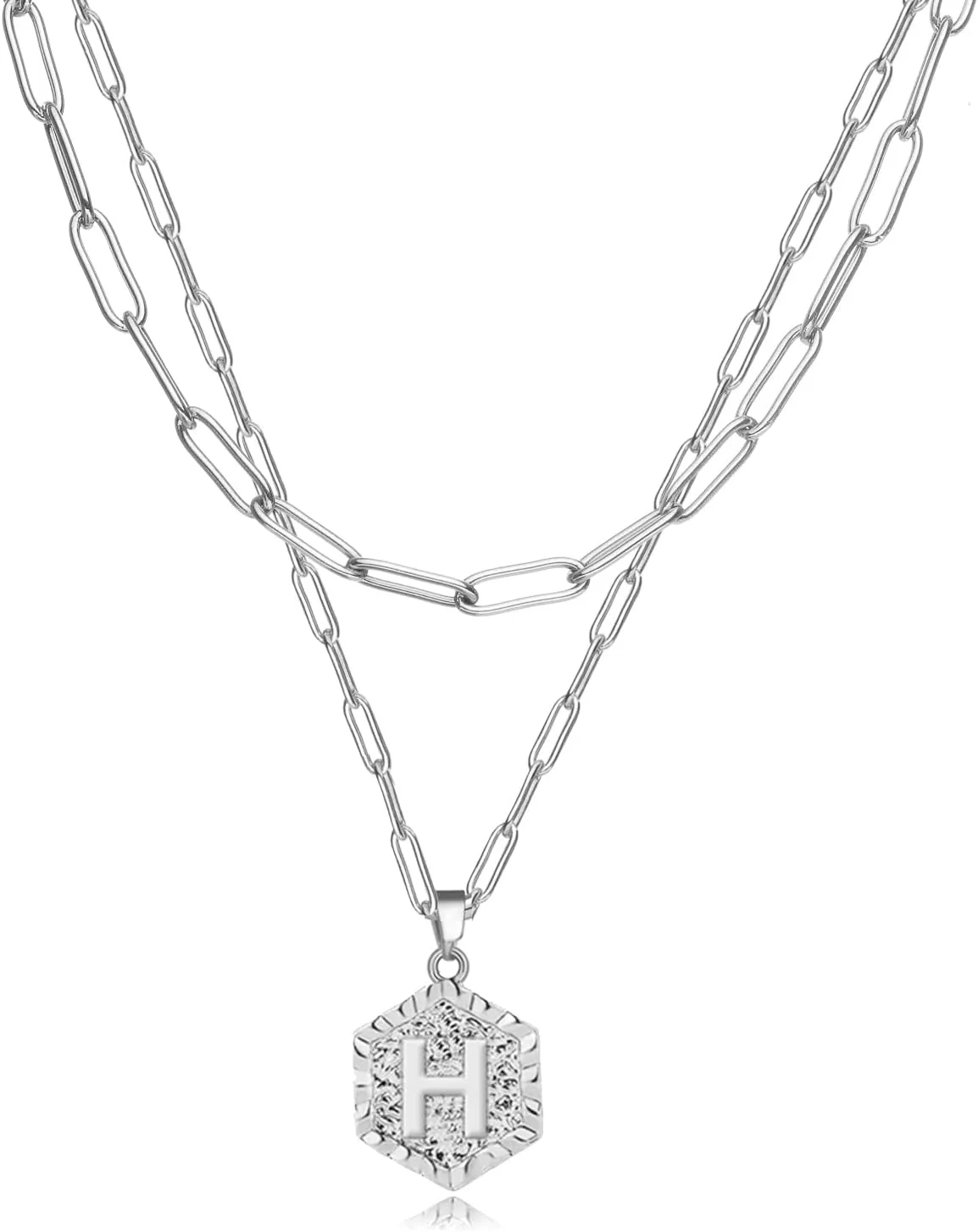 HUASAI Layered Initial Necklaces for Women Trendy Silver Letter A-Z Pendant Necklace Cute Hexagon Initial Paperclip Chain Necklace Personalized Jewelry Gifts