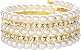 HUASAI Pearl Bracelet for Women Layered Pearl Beaded Wrap Bracelet Vintage Prom Bracelets Sparkly Rhinestone Bracelets Wedding Bridal Bracelets Statement Wide Bangle Bracelet