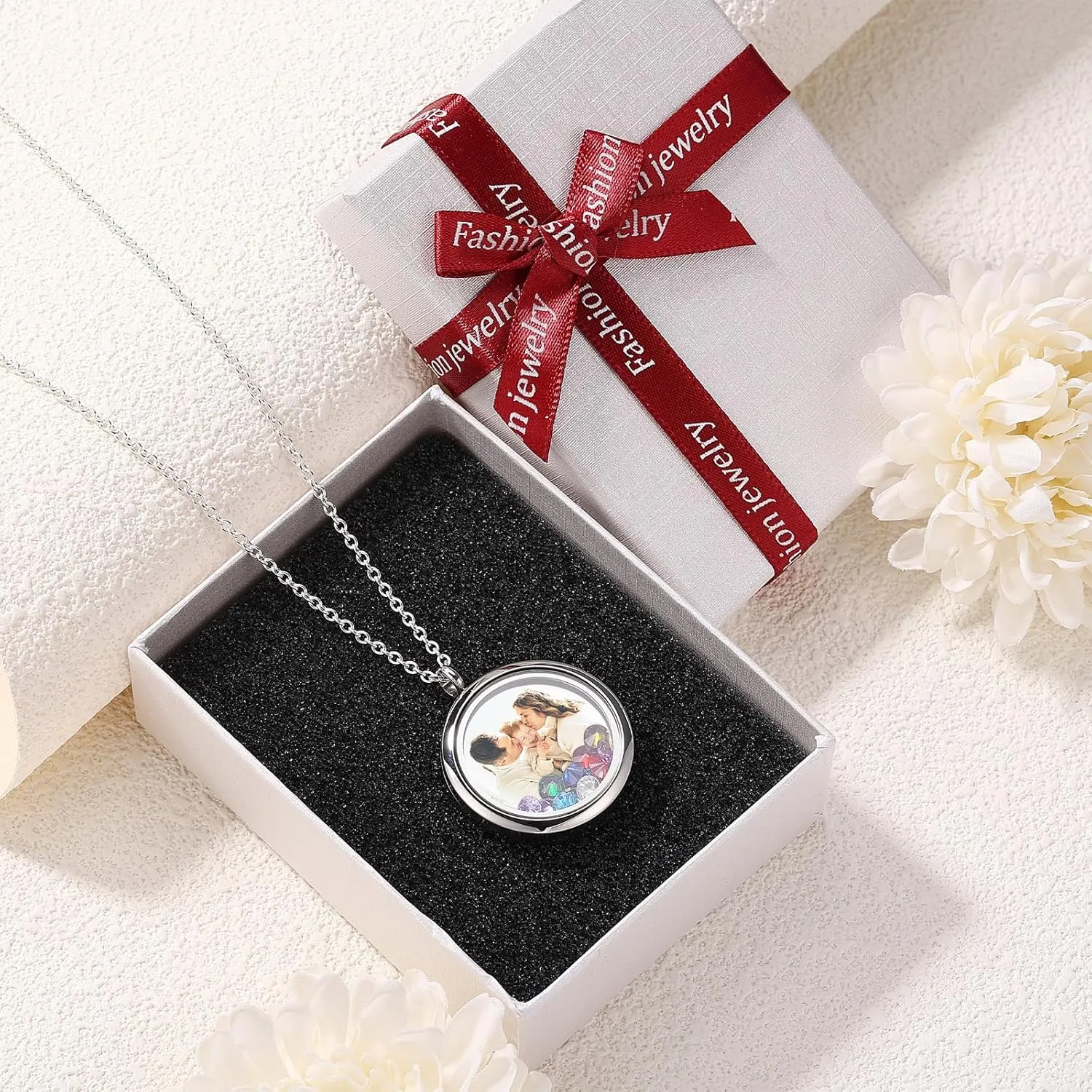 INBLUE Personalized Floating Locket Necklace for Women Engraved Photo/Text Round Pendant Stainless Steel & Glass Locket with Birthstone Memory Gift for Anniversary Birthday