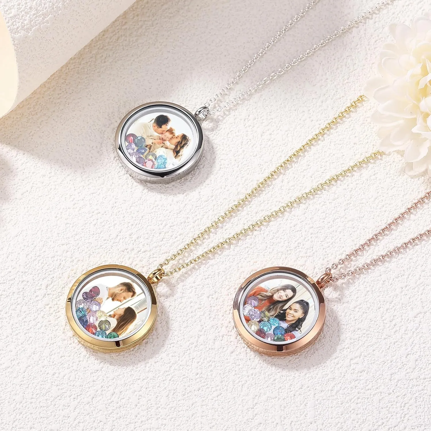 INBLUE Personalized Floating Locket Necklace for Women Engraved Photo/Text Round Pendant Stainless Steel & Glass Locket with Birthstone Memory Gift for Anniversary Birthday