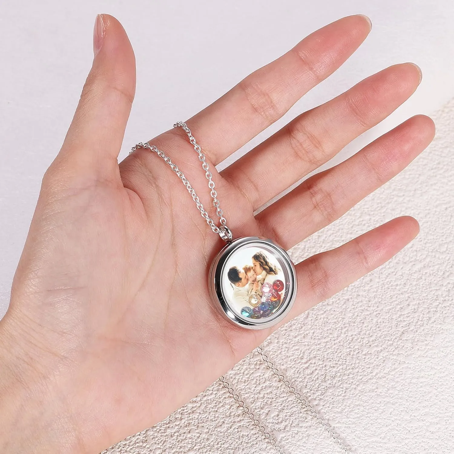 INBLUE Personalized Floating Locket Necklace for Women Engraved Photo/Text Round Pendant Stainless Steel & Glass Locket with Birthstone Memory Gift for Anniversary Birthday