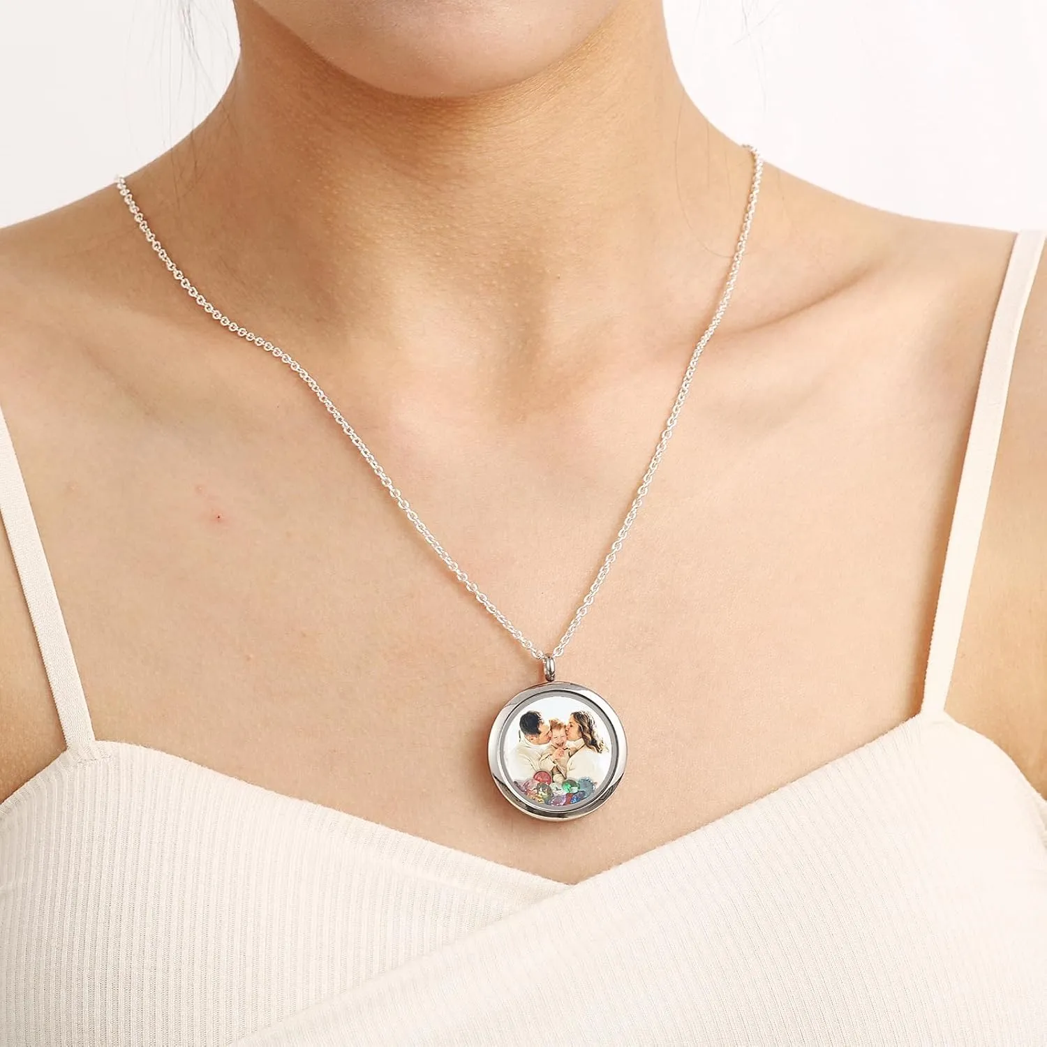 INBLUE Personalized Floating Locket Necklace for Women Engraved Photo/Text Round Pendant Stainless Steel & Glass Locket with Birthstone Memory Gift for Anniversary Birthday