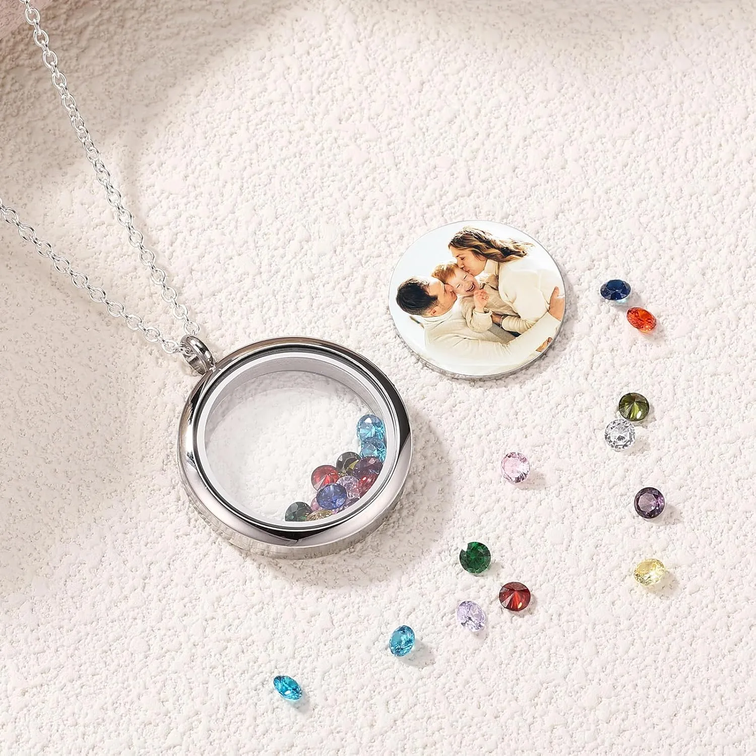 INBLUE Personalized Floating Locket Necklace for Women Engraved Photo/Text Round Pendant Stainless Steel & Glass Locket with Birthstone Memory Gift for Anniversary Birthday