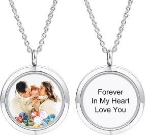INBLUE Personalized Floating Locket Necklace for Women Engraved Photo/Text Round Pendant Stainless Steel & Glass Locket with Birthstone Memory Gift for Anniversary Birthday