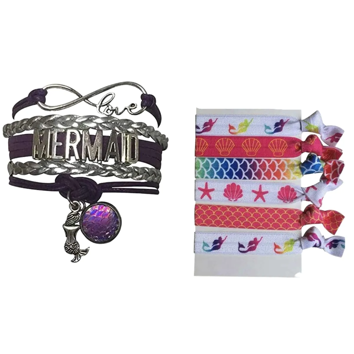 Infinity Collection Mermaid Friendship Charm Bracelet and Hair Ties - Silver and Purple Infinity Love Mermaid Friendship Charm Bracelet - Mermaid Charm Bracelet and Hair Ties for Women
