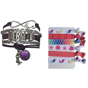Infinity Collection Mermaid Friendship Charm Bracelet and Hair Ties - Silver and Purple Infinity Love Mermaid Friendship Charm Bracelet - Mermaid Charm Bracelet and Hair Ties for Women