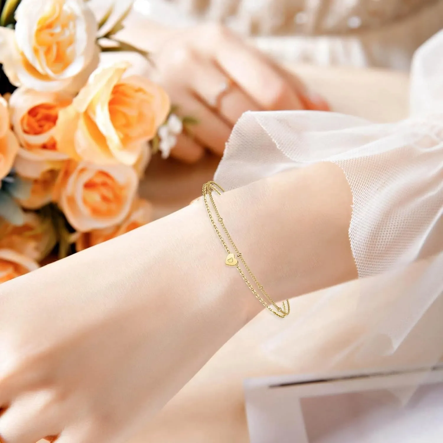 Initial Bracelet For Women 14K Gold Filled Layered Bracelets Charm Bracelet Heart Initial Bracelet Personalized Bracelets Teen Girl Gift