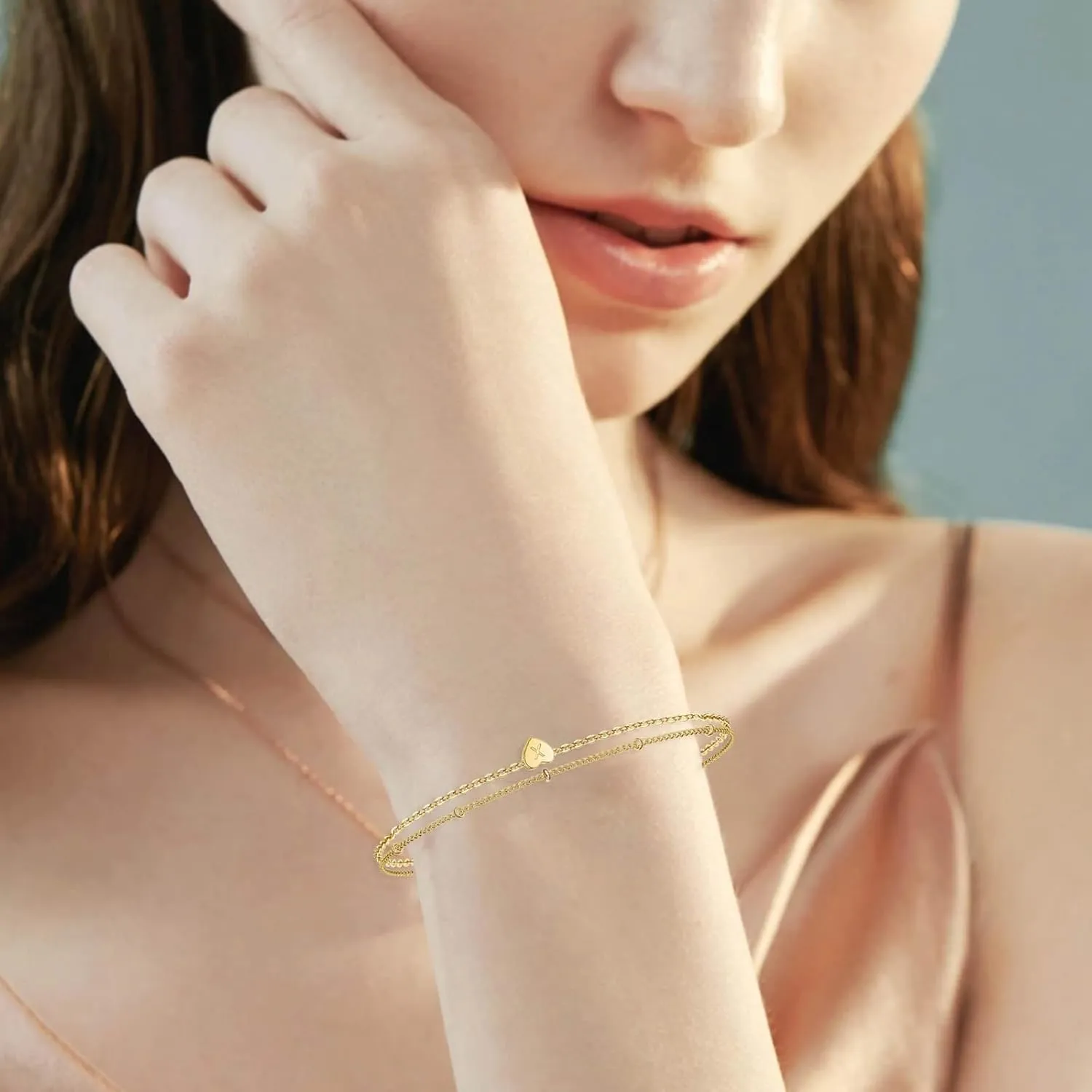 Initial Bracelet For Women 14K Gold Filled Layered Bracelets Charm Bracelet Heart Initial Bracelet Personalized Bracelets Teen Girl Gift