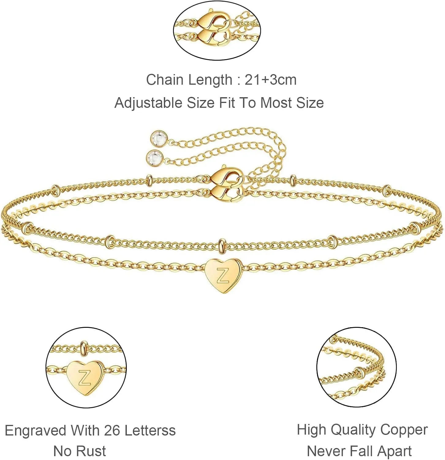 Initial Bracelet For Women 14K Gold Filled Layered Bracelets Charm Bracelet Heart Initial Bracelet Personalized Bracelets Teen Girl Gift