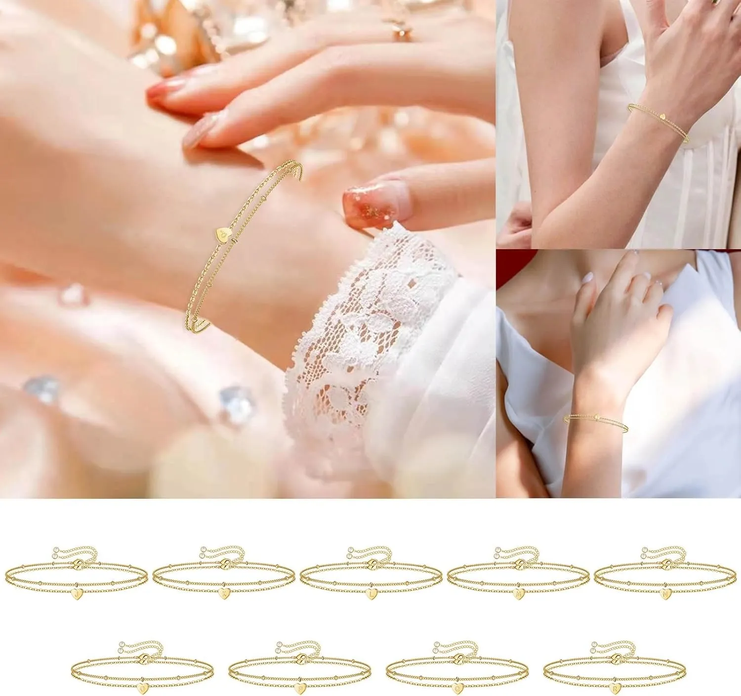 Initial Bracelet For Women 14K Gold Filled Layered Bracelets Charm Bracelet Heart Initial Bracelet Personalized Bracelets Teen Girl Gift