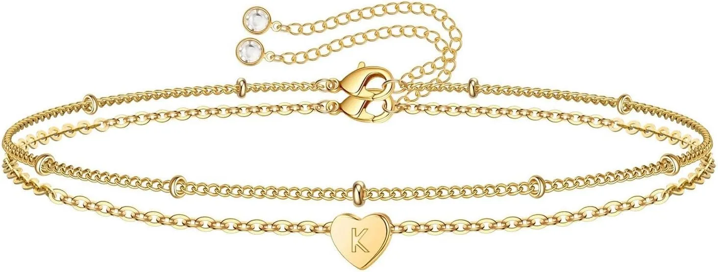 Initial Bracelet For Women 14K Gold Filled Layered Bracelets Charm Bracelet Heart Initial Bracelet Personalized Bracelets Teen Girl Gift