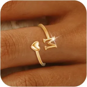 Initial Ring Gold Initial Rings for Women Non Tarnish Gifts Trendy Stuff Adjustable Heart Initial Rings Stackable Alphabet Pinky Rings Letter Rings Personalized Birthday Jewerly Gifts