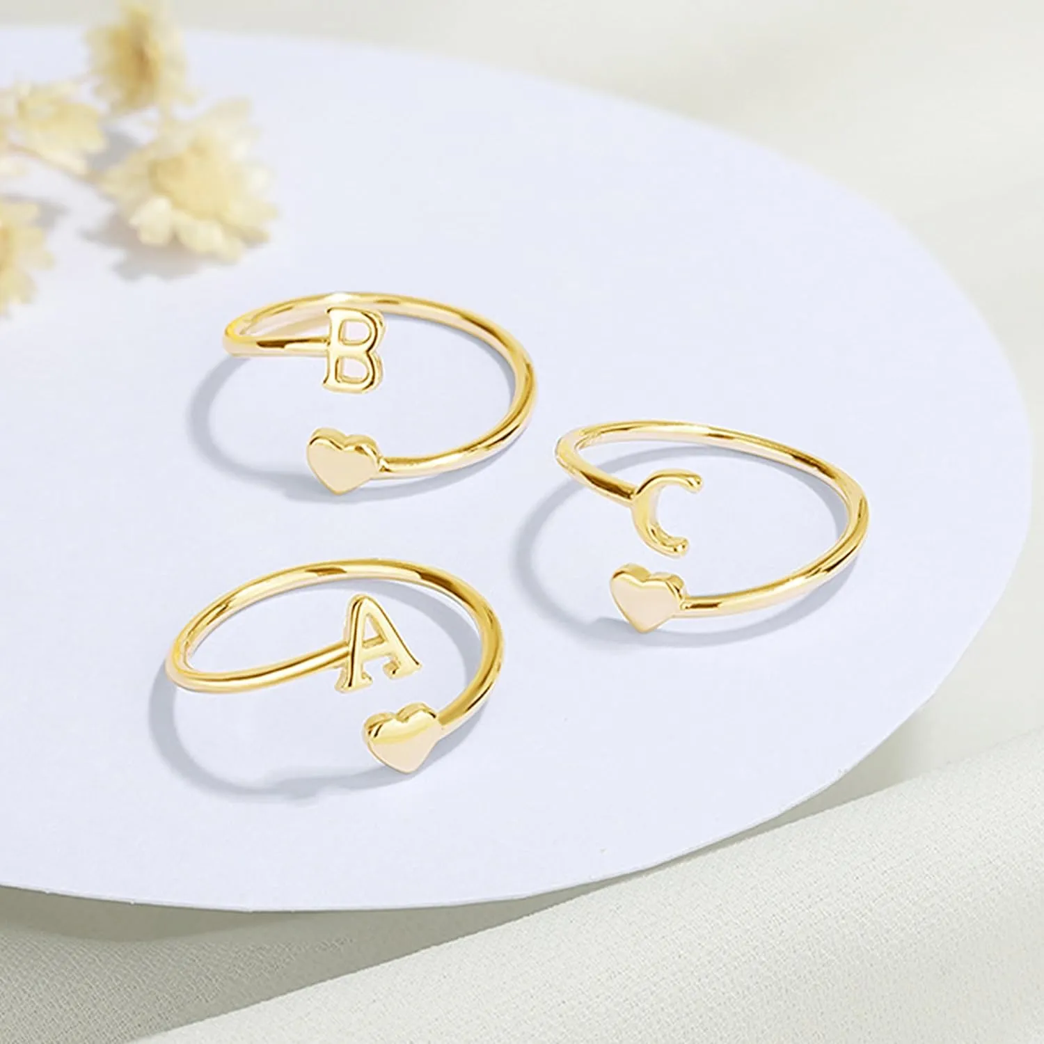 Initial Ring Gold Initial Rings for Women Non Tarnish Gifts Trendy Stuff Adjustable Heart Initial Rings Stackable Alphabet Pinky Rings Letter Rings Personalized Birthday Jewerly Gifts