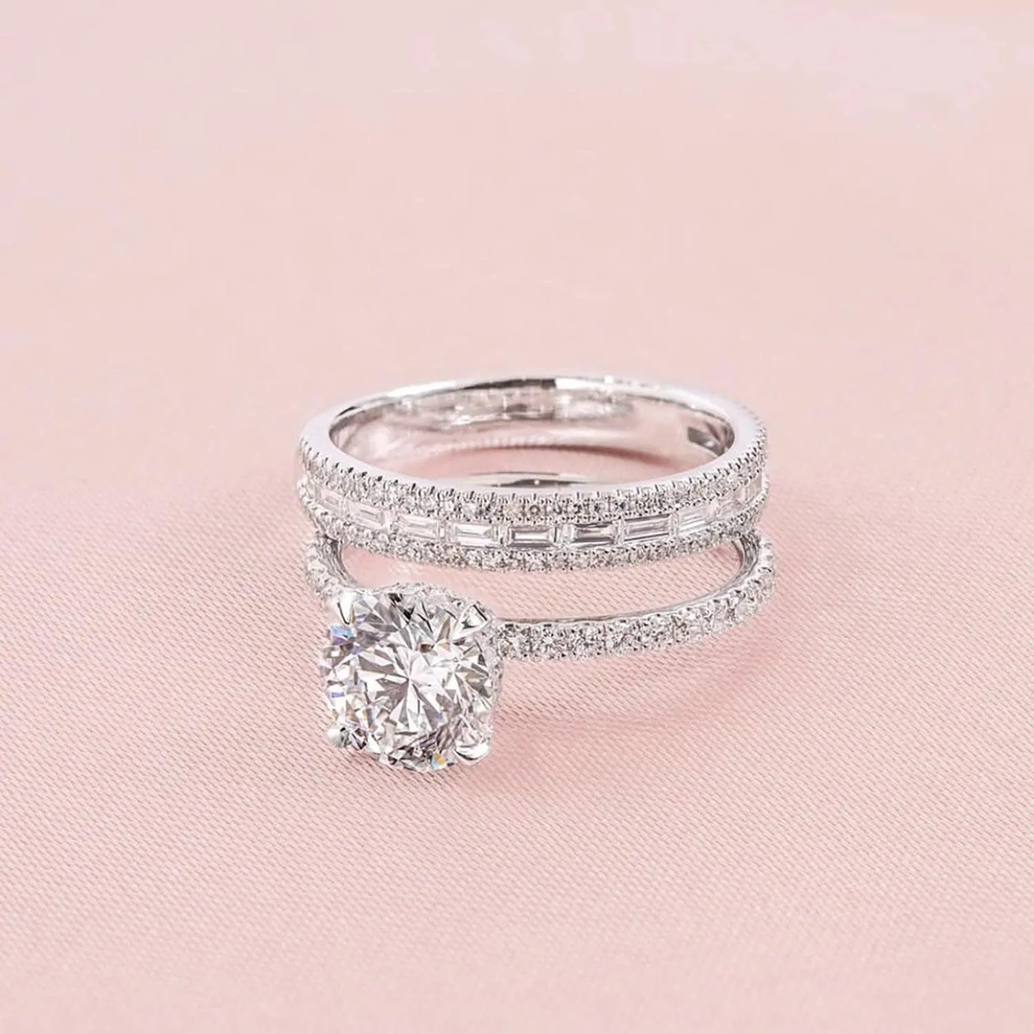 Inlaid Zircon Rings Set for Women Simulated Diamond Bridal Wedding Bands Minimalist Proposal Rings Elegant (Silver, 9)
