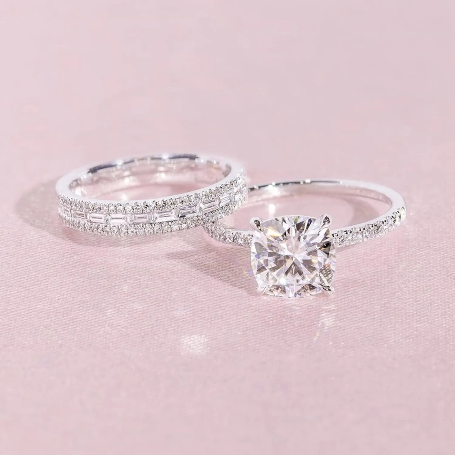 Inlaid Zircon Rings Set for Women Simulated Diamond Bridal Wedding Bands Minimalist Proposal Rings Elegant (Silver, 9)