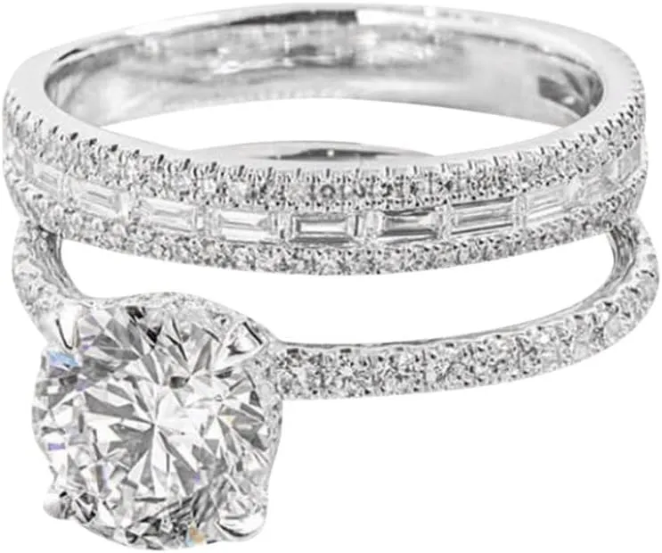 Inlaid Zircon Rings Set for Women Simulated Diamond Bridal Wedding Bands Minimalist Proposal Rings Elegant (Silver, 9)