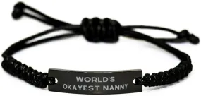 Inspirational Nanny Gifts, World's Okayest, Unique Graduation Black Rope Bracelet for Friends, Engraved Bracelet from Team Leader, Gift Ideas for Friends, Unique Gifts for Friends, Personalized Gifts