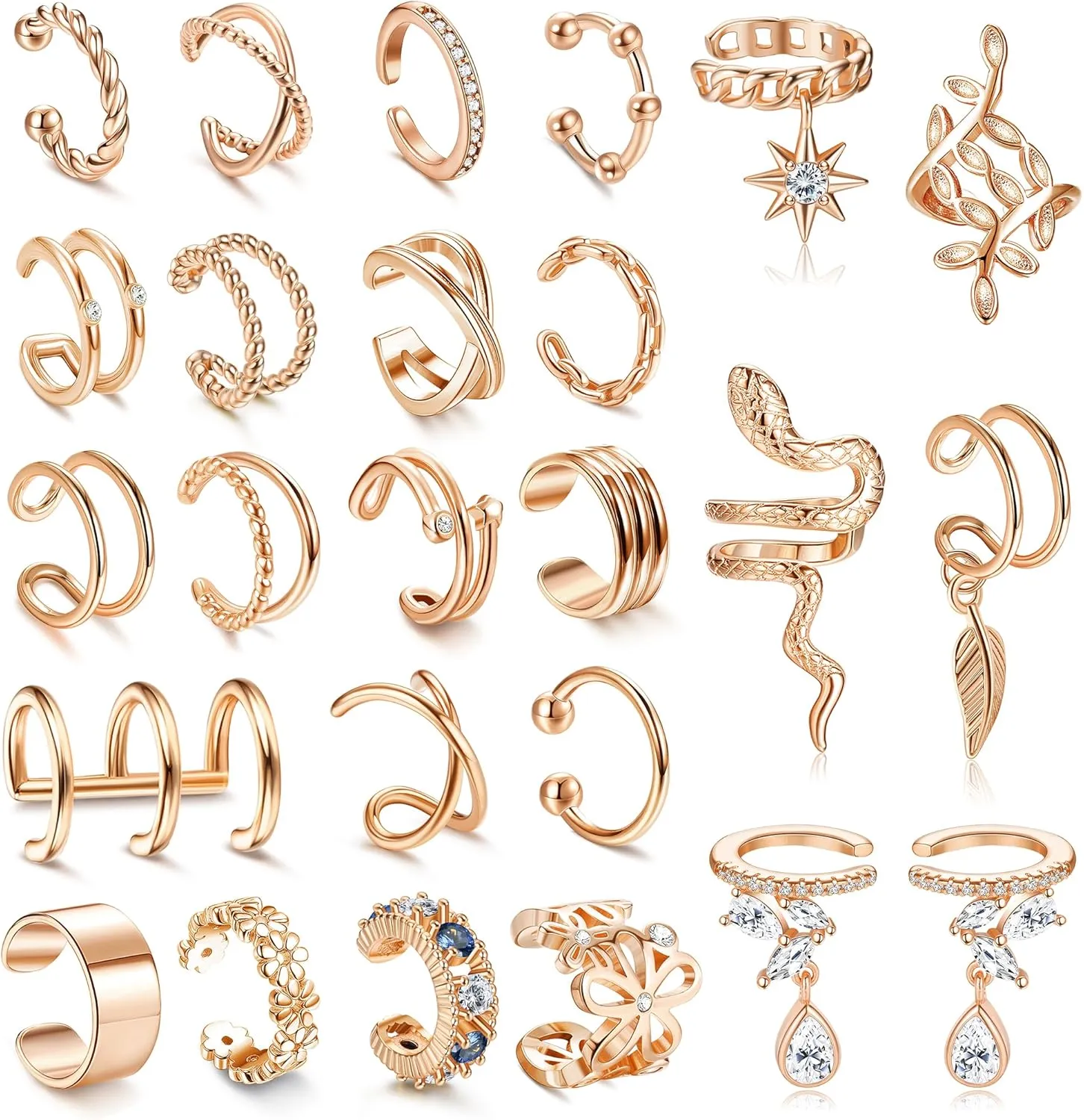 JeryWe 25 Pcs Gold Ear Cuffs for Women Non Piercing Adjustable Ear Cuff Fake Piercings Clip On Upper Ear Cartilage Earrings Helix Wrap Ear Cuff Jewelry Set Rose Gold