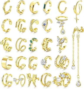 JeryWe 27 Pcs Ear Cuffs for Women Non Piercing, 14K Real Gold Plated Clip On Earrings CZ Cartilage Ear Cuff Earrings for Women Fake Piercing Earrings Ear Clips