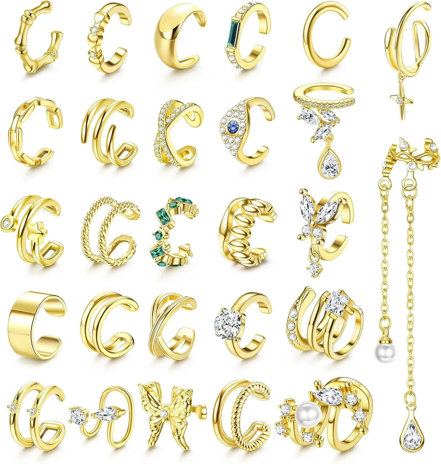 JeryWe 27 Pcs Ear Cuffs for Women Non Piercing, 14K Real Gold Plated Clip On Earrings CZ Cartilage Ear Cuff Earrings for Women Fake Piercing Earrings Ear Clips